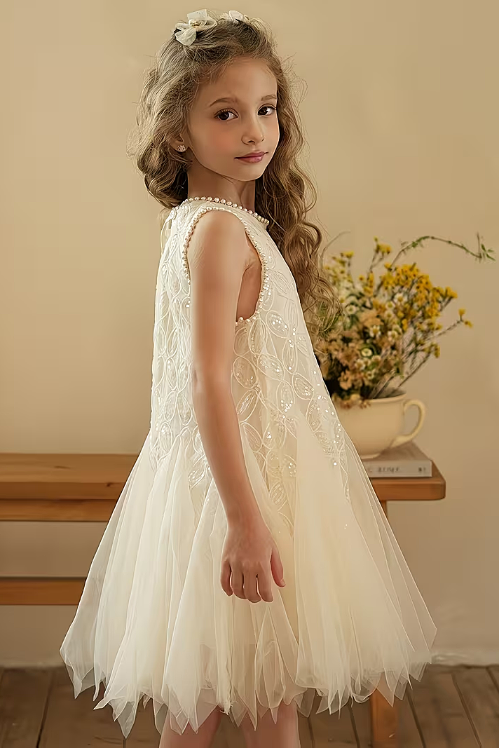 White Pearl Chiffon & Sequin Mesh A-Line Dress with Round Neck