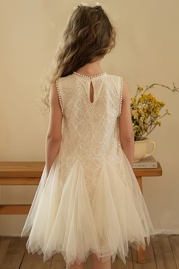 White Pearl Chiffon & Sequin Mesh A-Line Dress with Round Neck