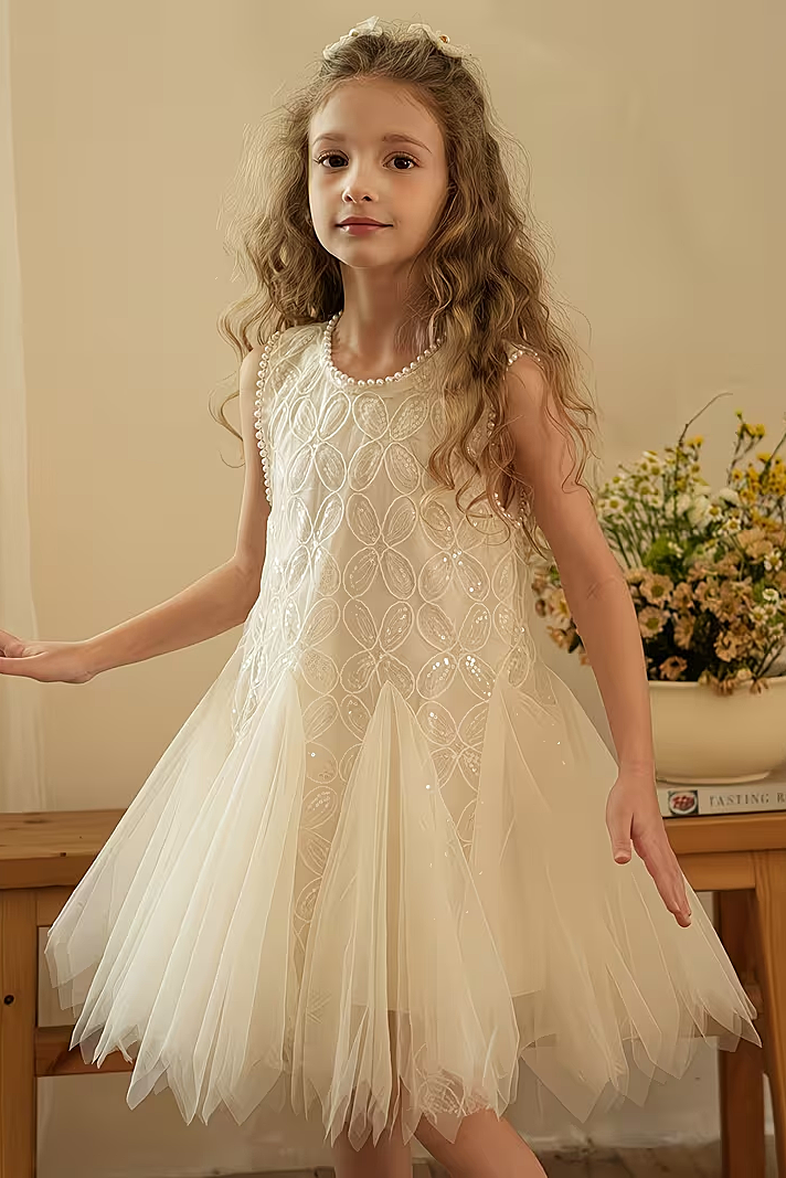 White Pearl Chiffon & Sequin Mesh A-Line Dress with Round Neck