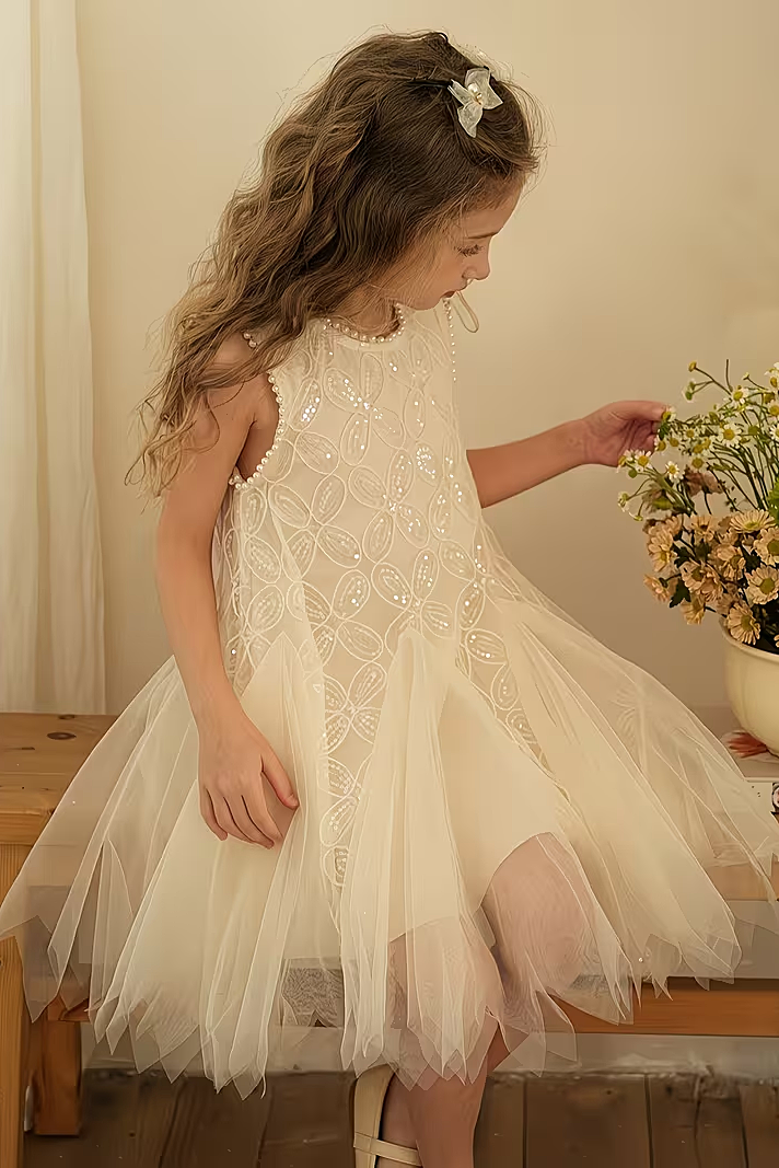 White Pearl Chiffon & Sequin Mesh A-Line Dress with Round Neck