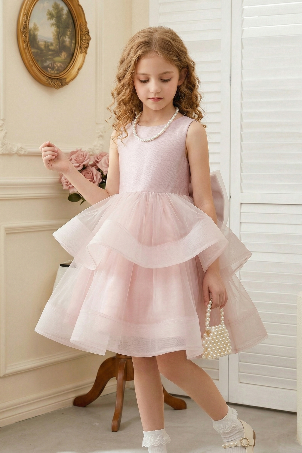 Light Purple Satin and Mesh Crew-Neck Tiered Dress