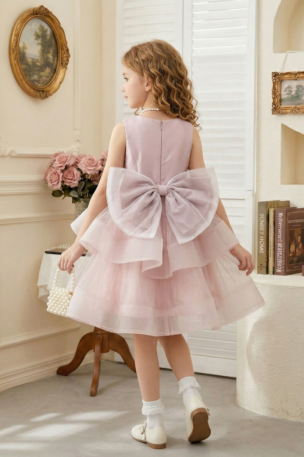 Light Purple Satin and Mesh Crew-Neck Tiered Dress