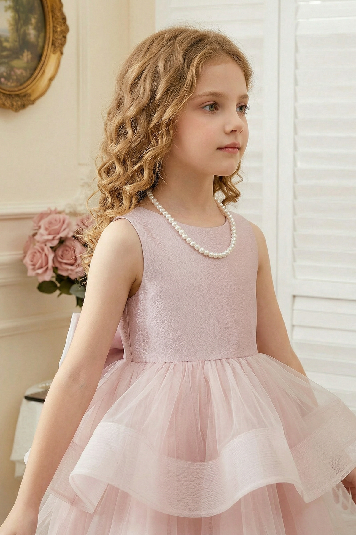 Light Purple Satin and Mesh Crew-Neck Tiered Dress