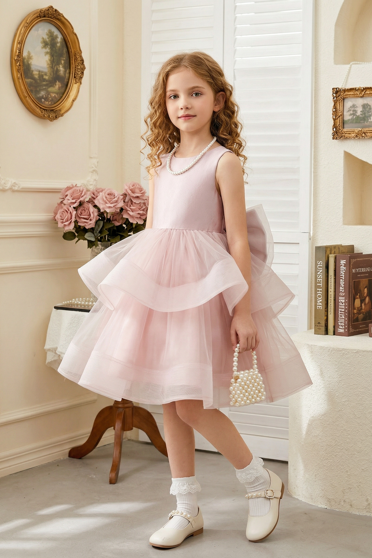 Light Purple Satin and Mesh Crew-Neck Tiered Dress