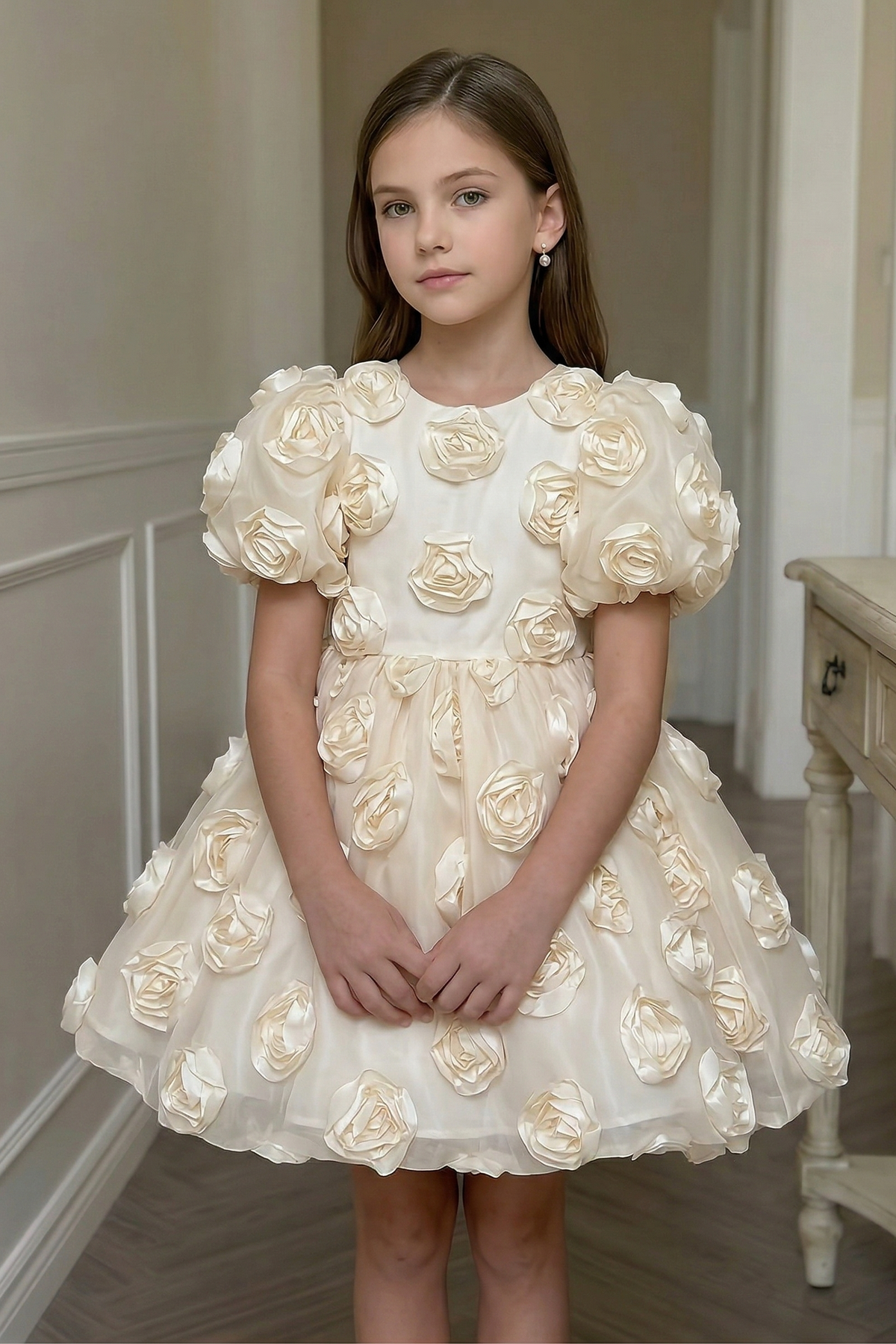 Light Apricot Chiffon Dress with Roses and Bows