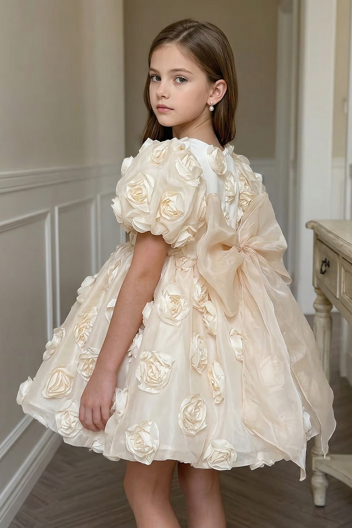 Light Apricot Chiffon Dress with Roses and Bows