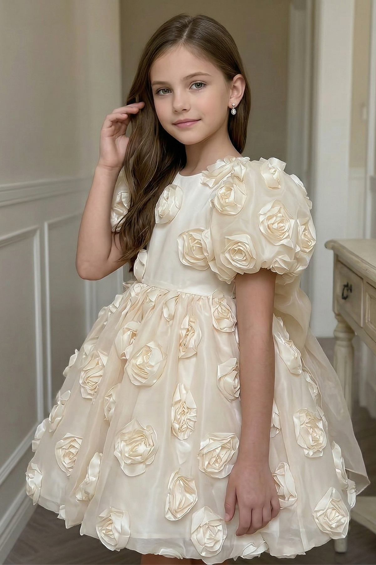 Light Apricot Chiffon Dress with Roses and Bows