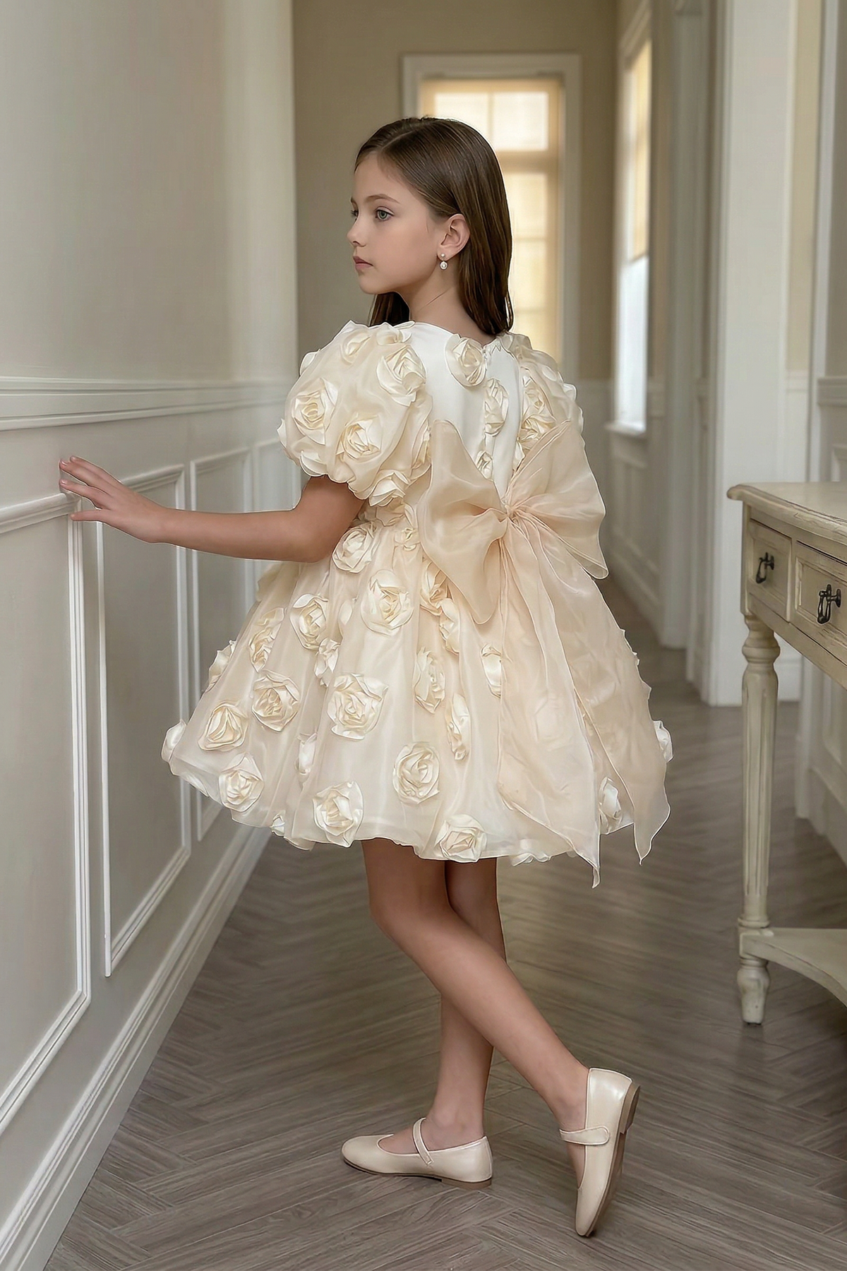 Light Apricot Chiffon Dress with Roses and Bows