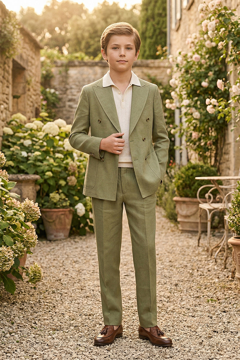 Boys Sage Green Linen-Blend Double-Breasted 2-piece Suit