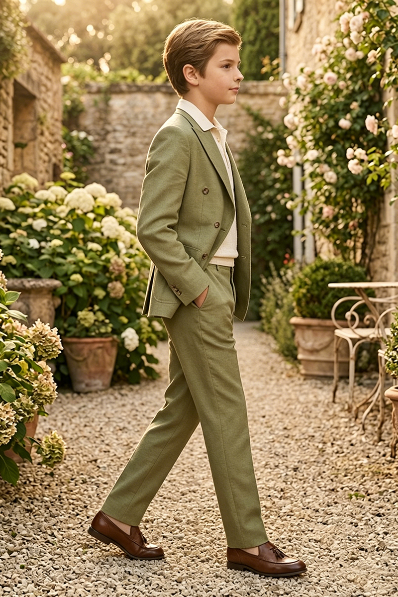 Boys Sage Green Linen-Blend Double-Breasted 2-piece Suit