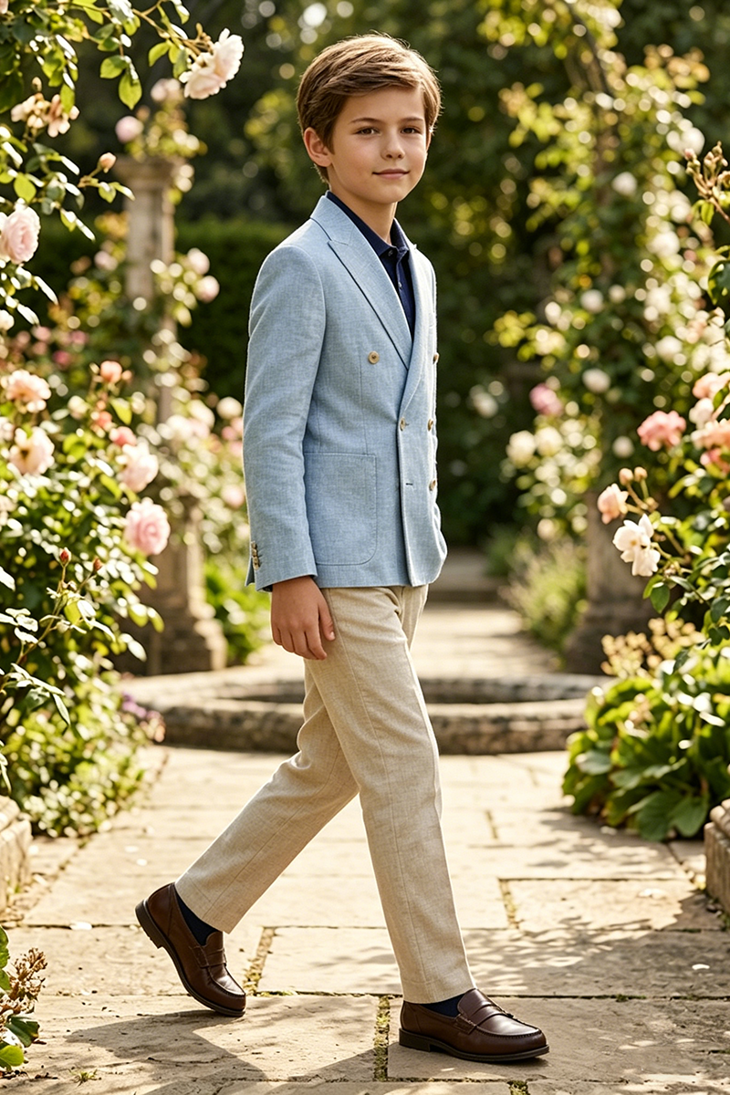 Boys Light Blue Linen-Blend Double-Breasted 2-piece Suit