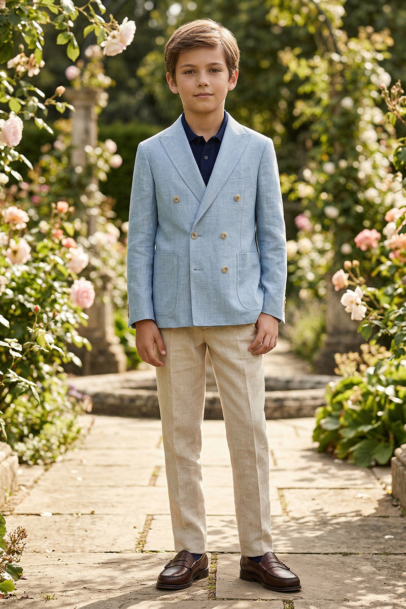 Boys Light Blue Linen-Blend Double-Breasted 2-piece Suit