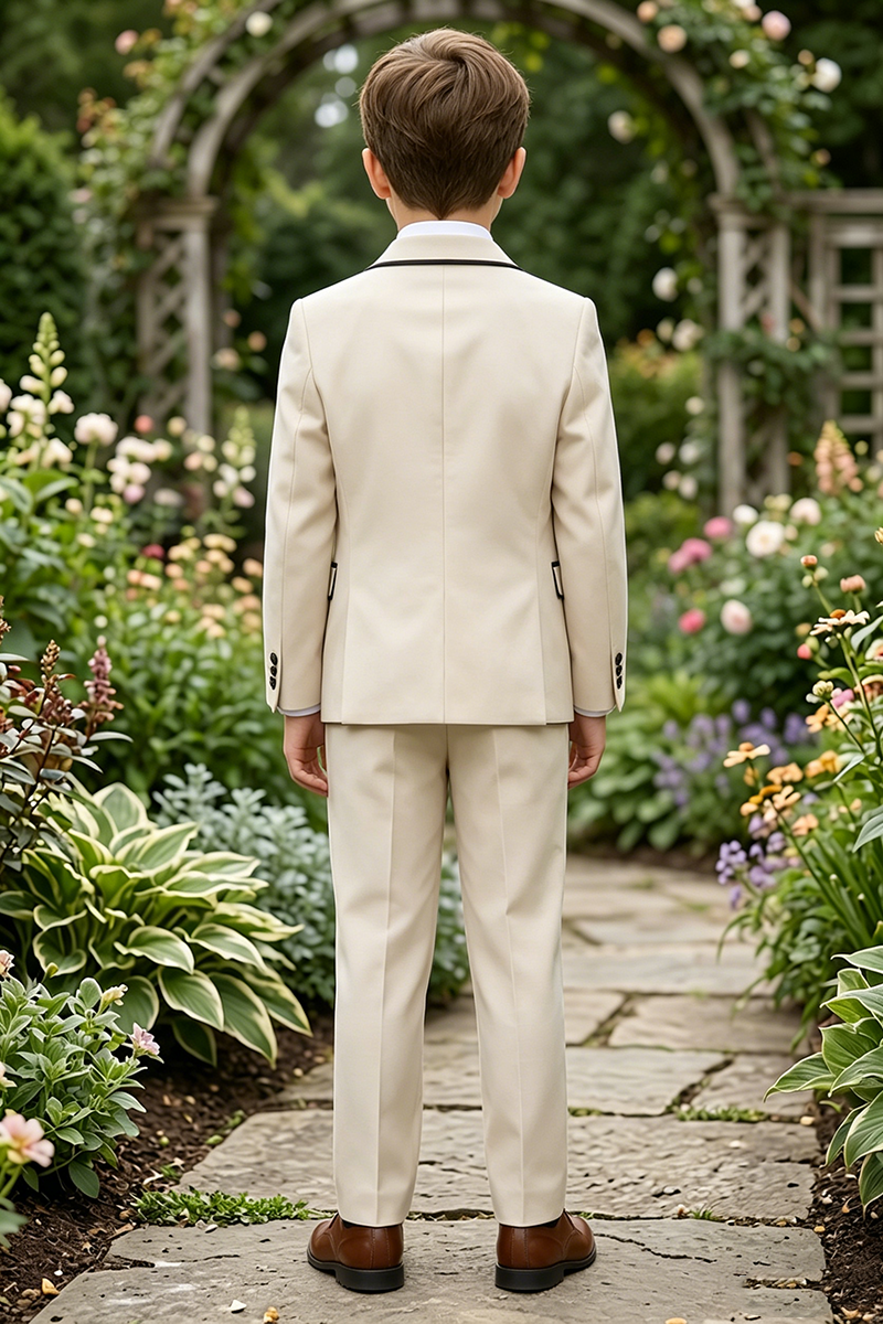 Boys Beige 3-Piece Suit with Black Piping for Garden Weddings