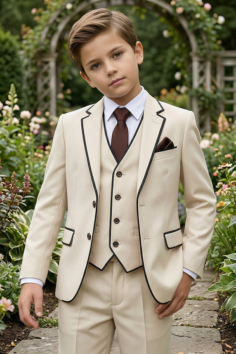Boys Beige 3-Piece Suit with Black Piping for Garden Weddings