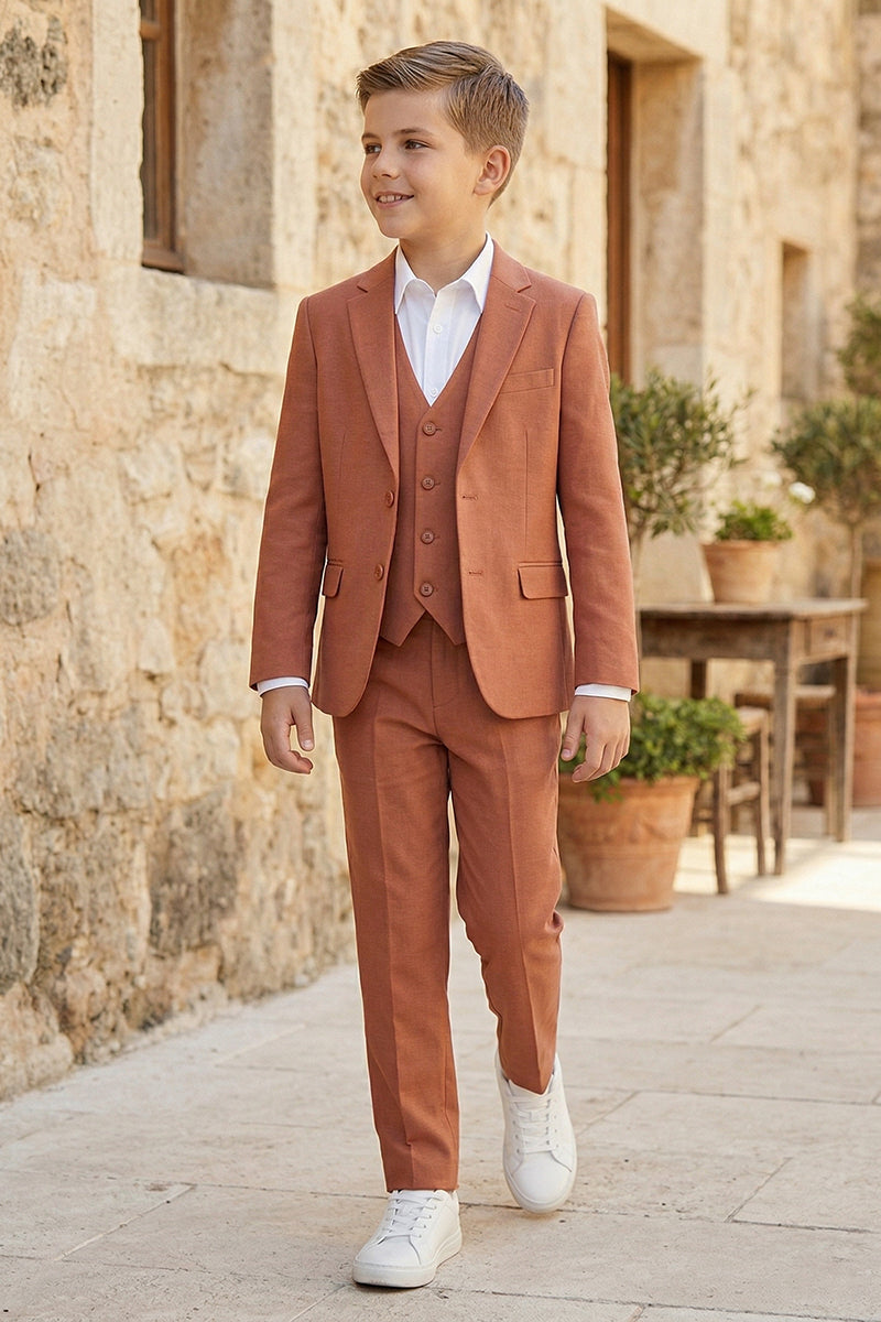 Boys Terracotta Linen-Blend 3-Piece Suit for Rustic Weddings