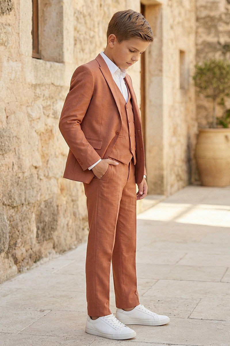 Boys Terracotta Linen-Blend 3-Piece Suit for Rustic Weddings