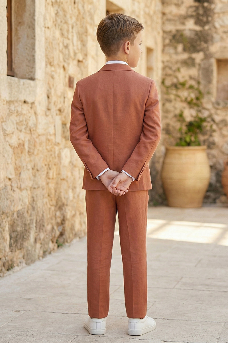 Boys Terracotta Linen-Blend 3-Piece Suit for Rustic Weddings