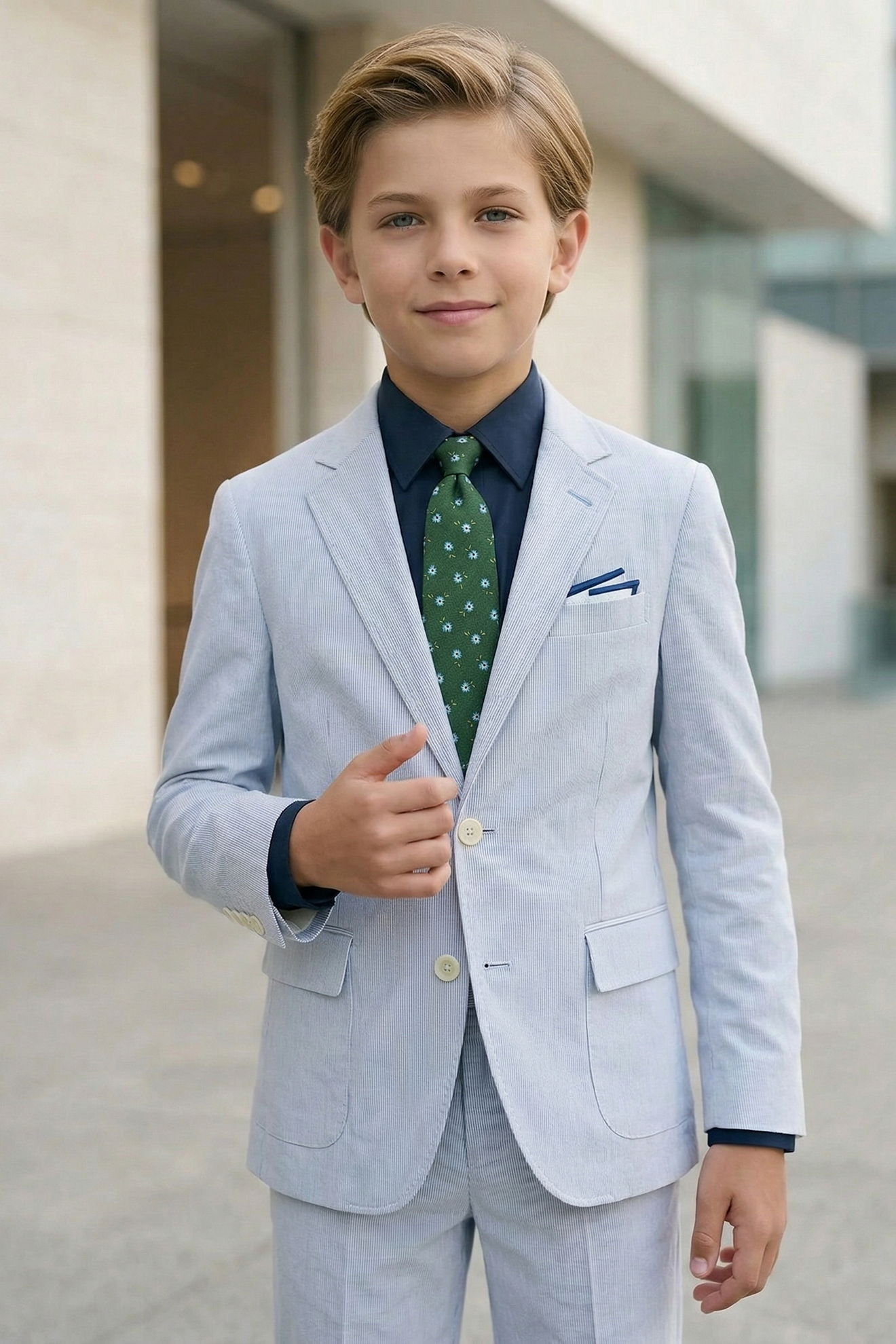 Light Blue Cotton-Linen Single-Breasted 2-Piece Suit