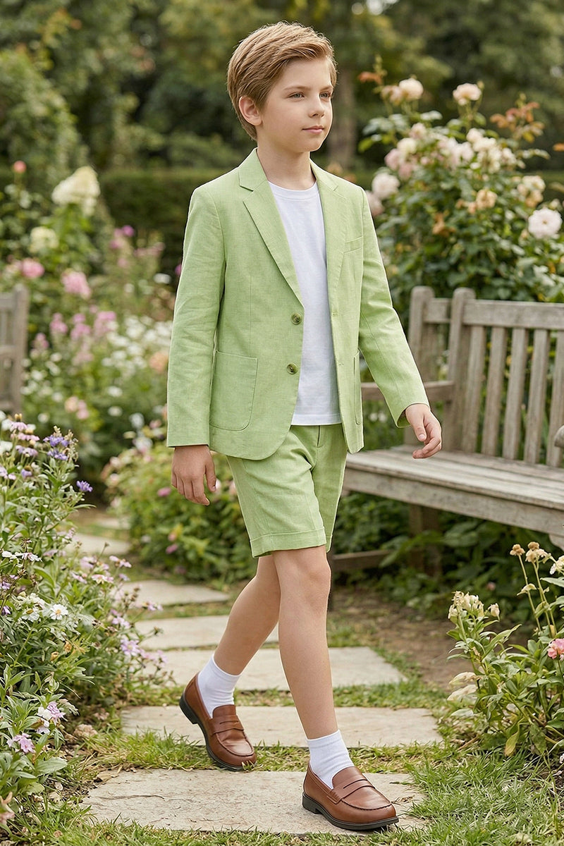 Boys Sage Green Linen Blazer & Shorts 2-piece Suit