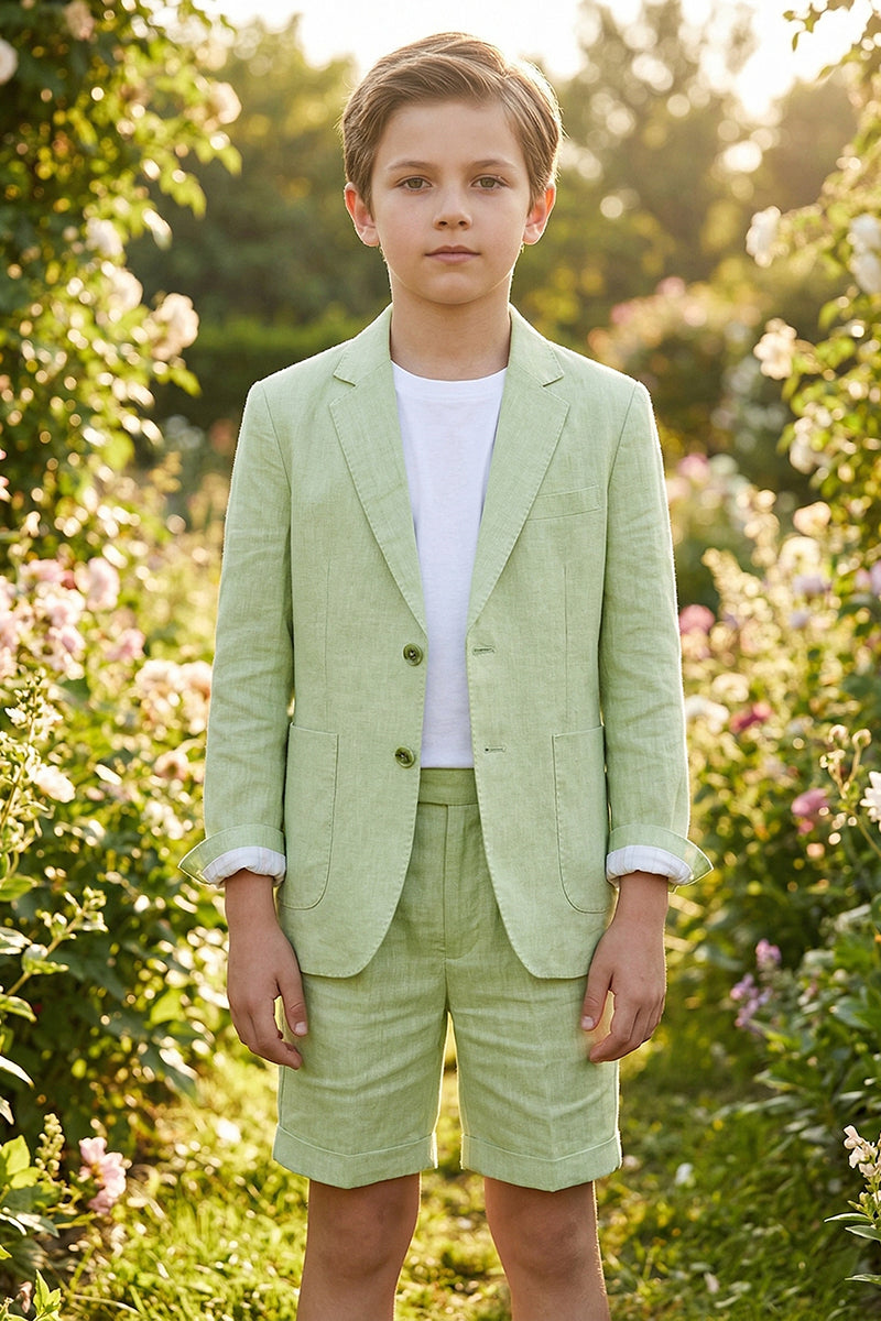 Boys Sage Green Linen Blazer & Shorts 2-piece Suit
