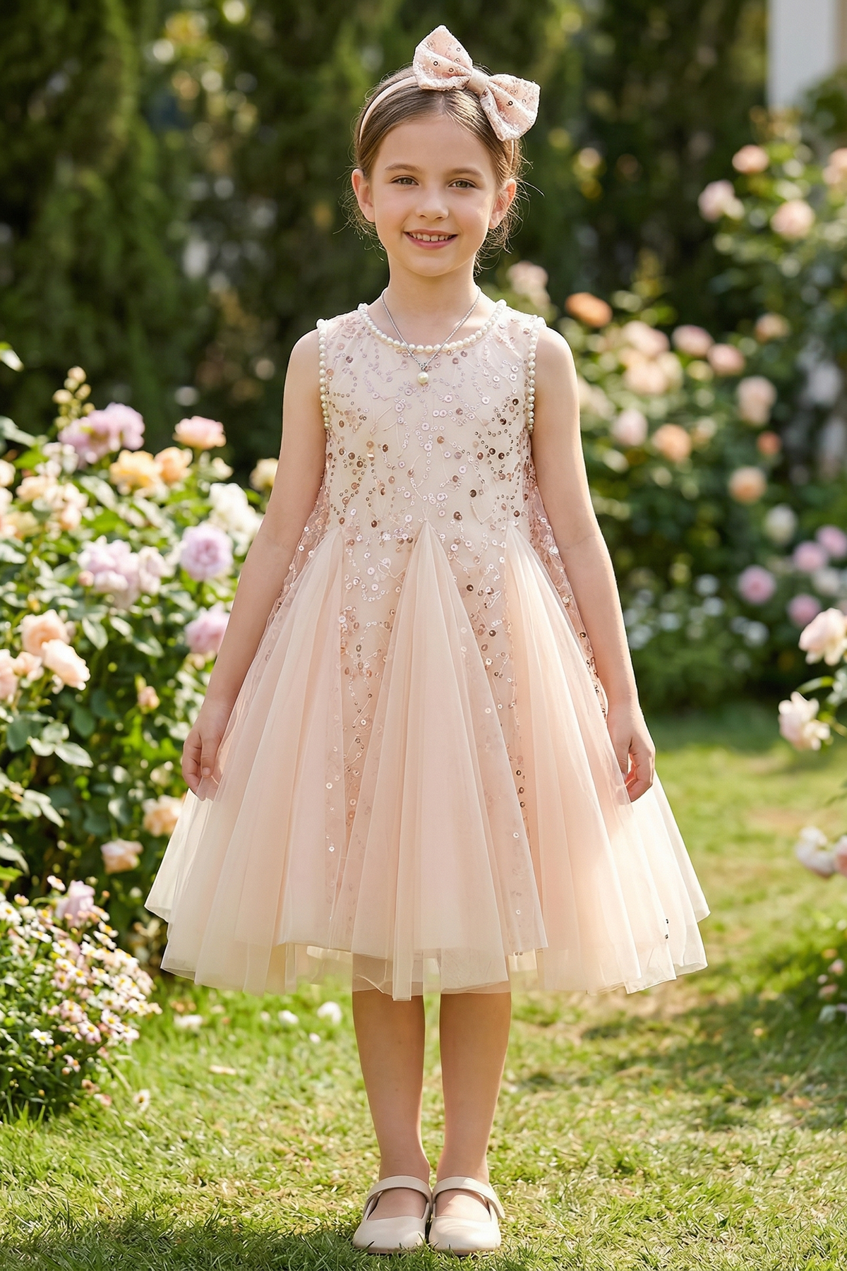 Apricot A-Line Mesh Dress with Pearls and Sequins
