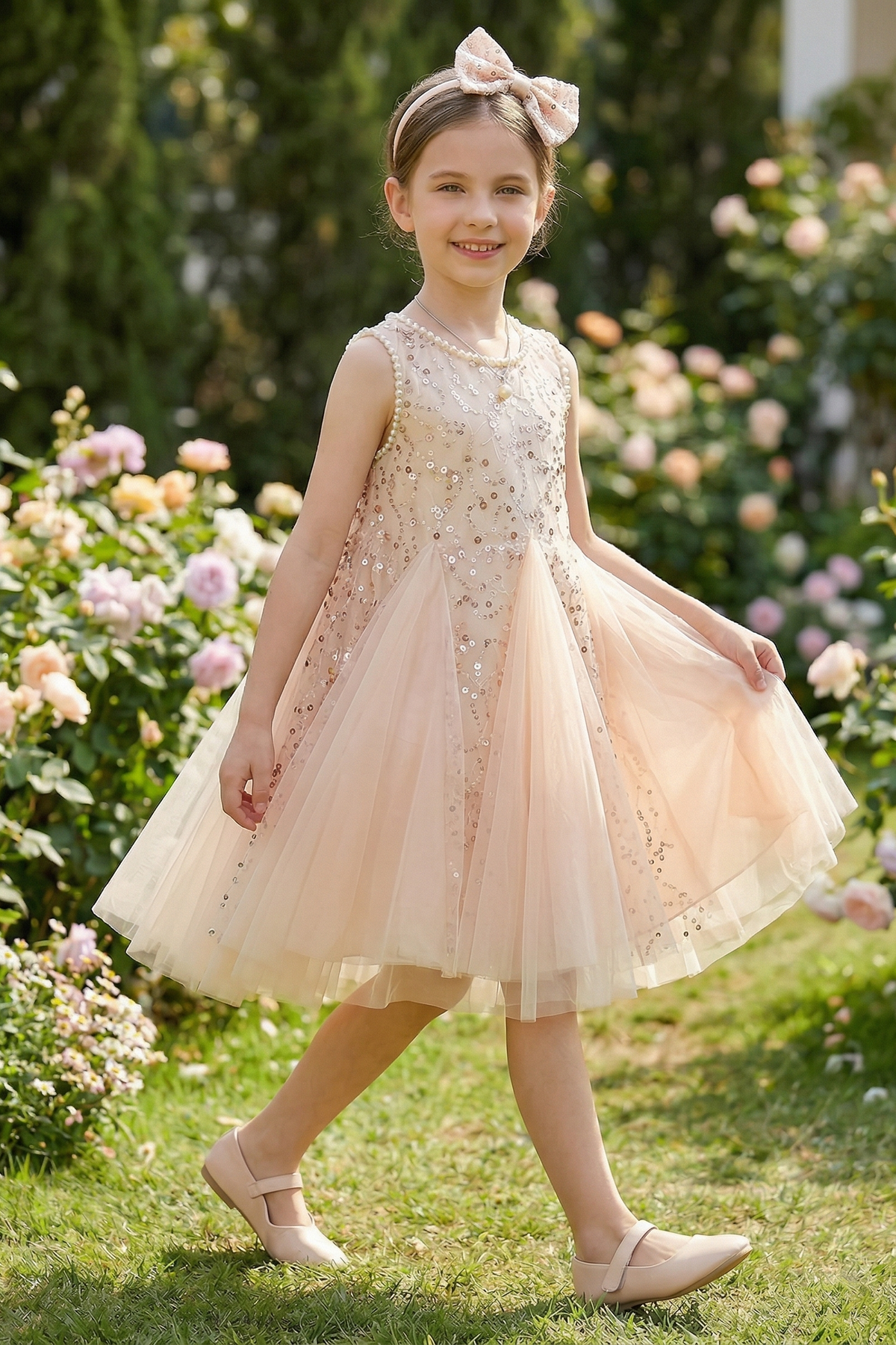 Apricot A-Line Mesh Dress with Pearls and Sequins