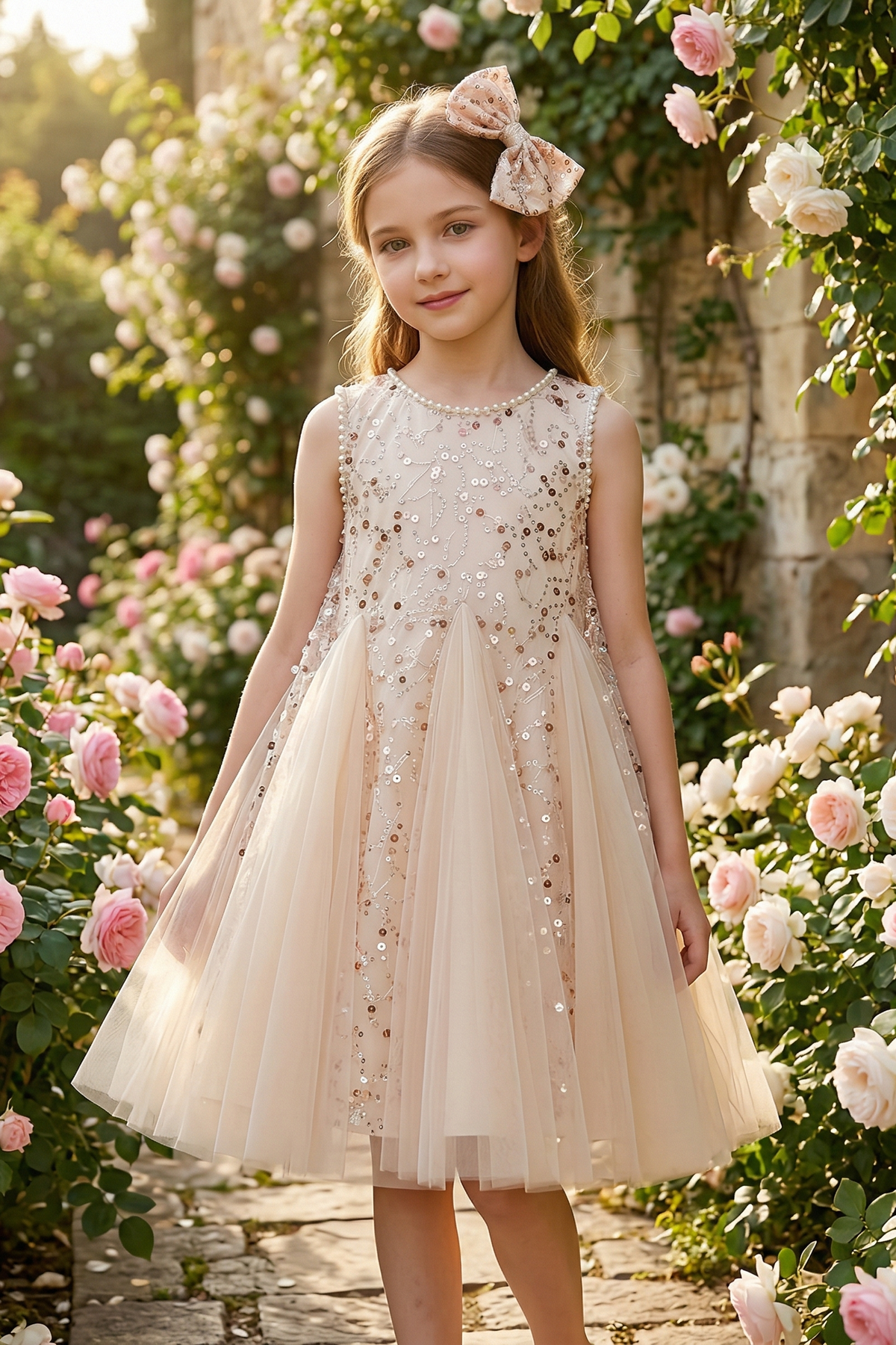Apricot A-Line Mesh Dress with Pearls and Sequins