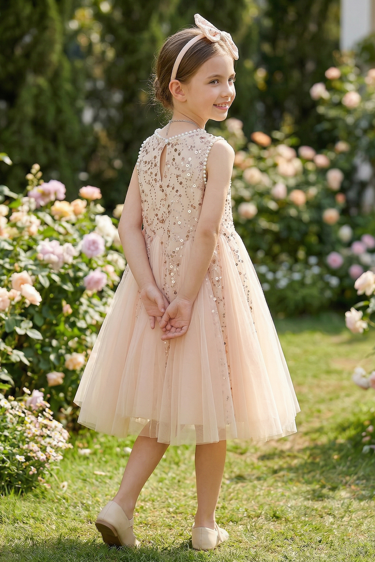 Apricot A-Line Mesh Dress with Pearls and Sequins