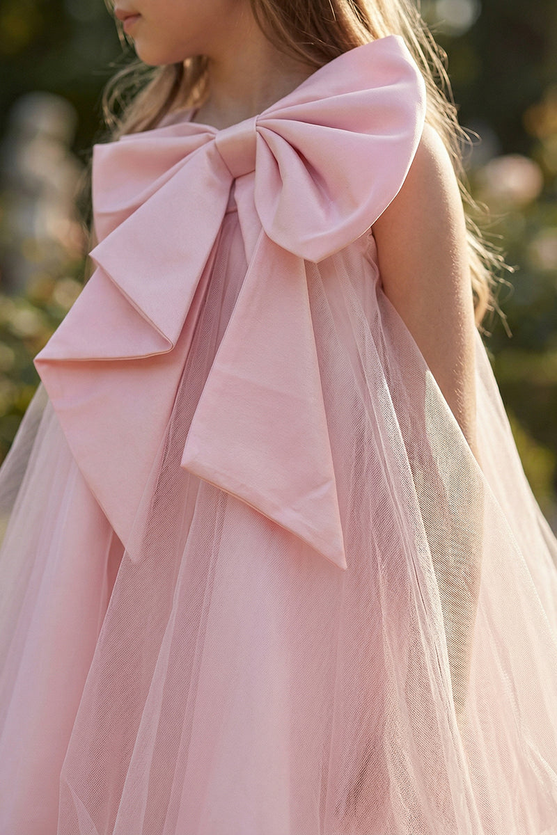 Blush Pink Satin with Back Bow Flower Girl Dress