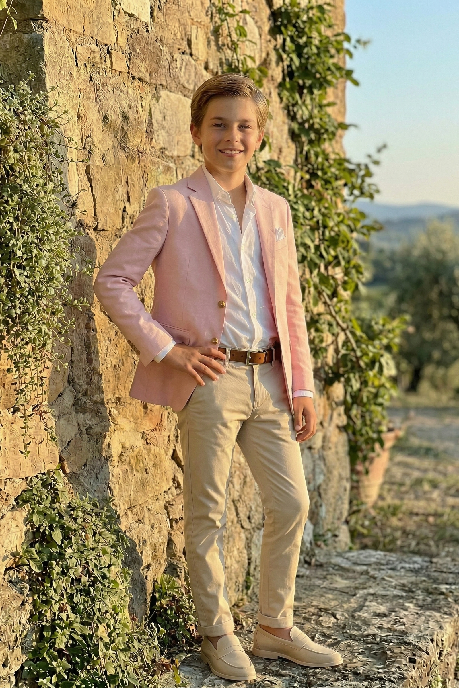 Pink and Khaki Cotton-Linen Single-Breasted 2-Piece Suit