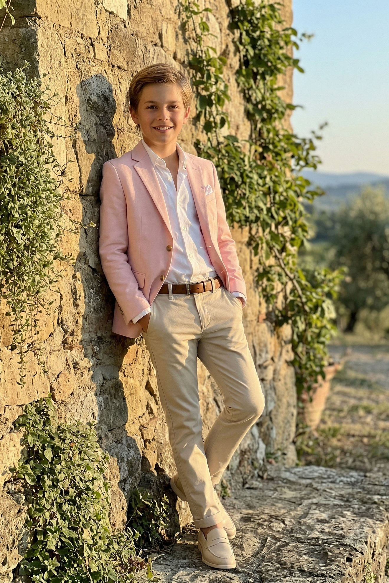 Pink and Khaki Cotton-Linen Single-Breasted 2-Piece Suit