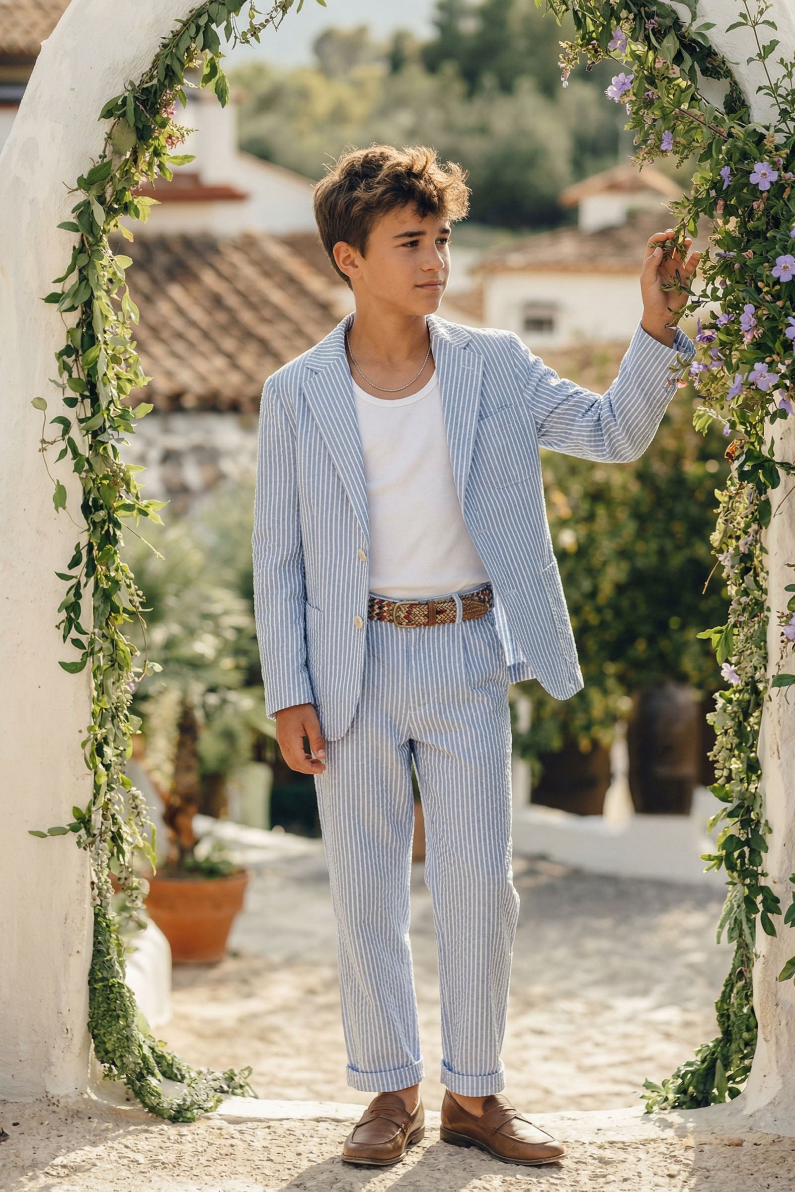 Blue Striped Seersucker Single-Breasted 2-Piece Suit