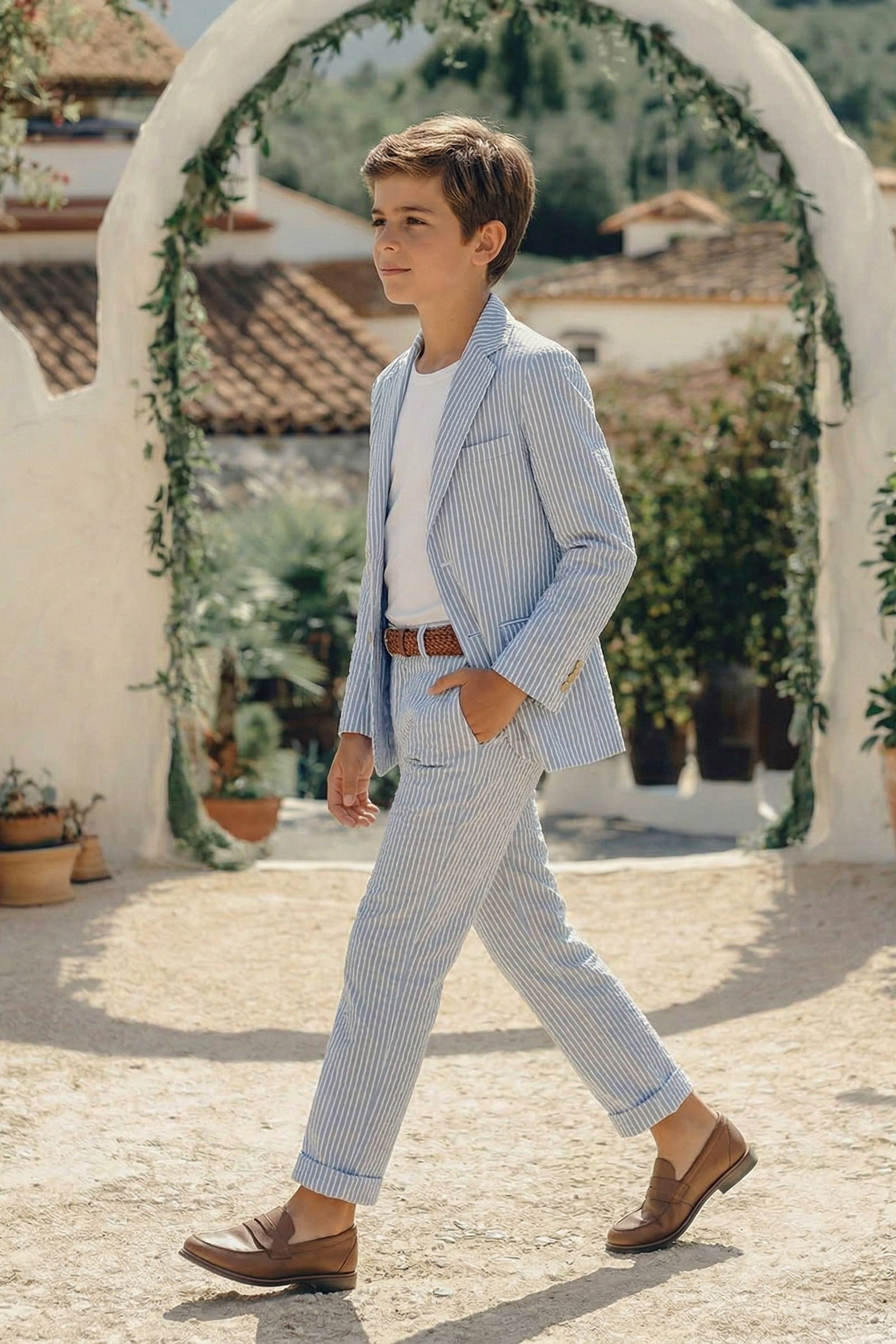 Blue Striped Seersucker Single-Breasted 2-Piece Suit