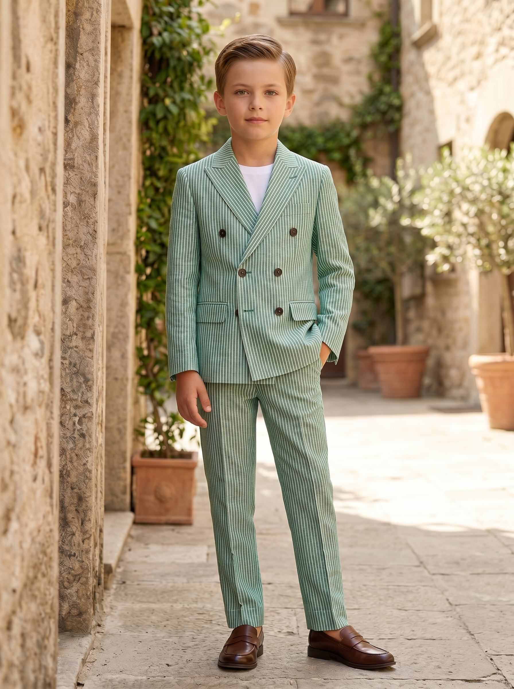 Green Striped Double-Breasted 2-Piece Suit