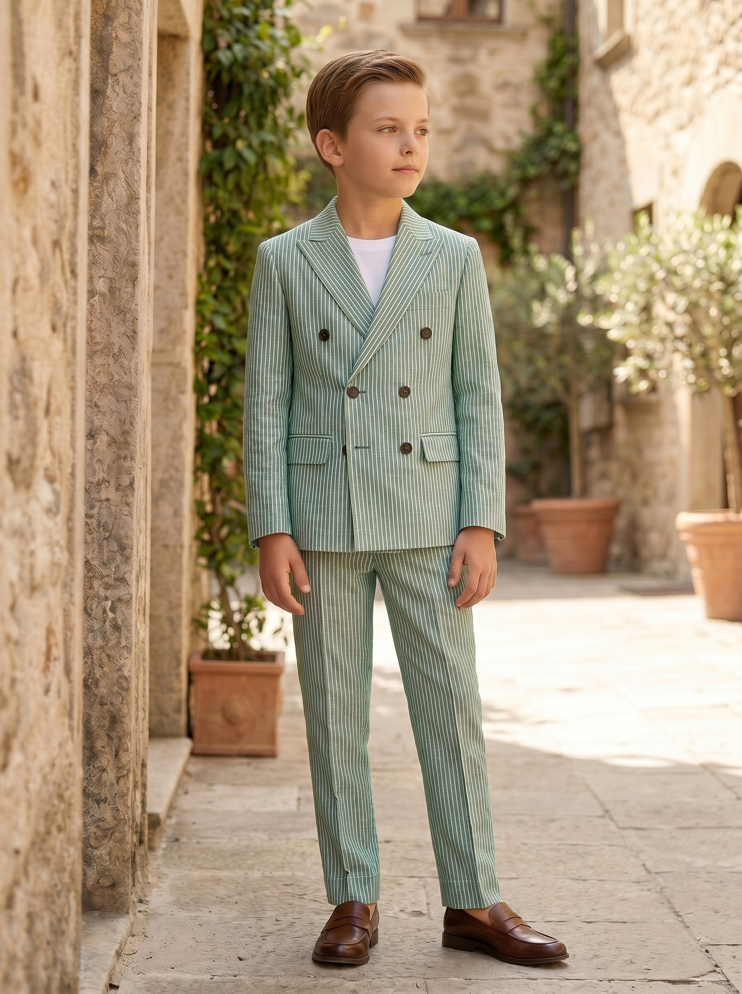 Green Striped Double-Breasted 2-Piece Suit