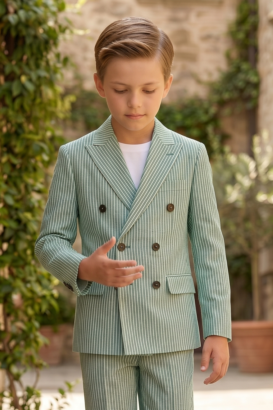 Green Striped Double-Breasted 2-Piece Suit