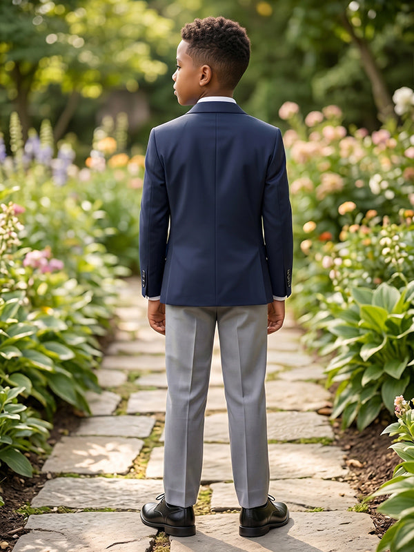 Boys Navy Blue & Grey 3-Piece Suit for Garden Weddings