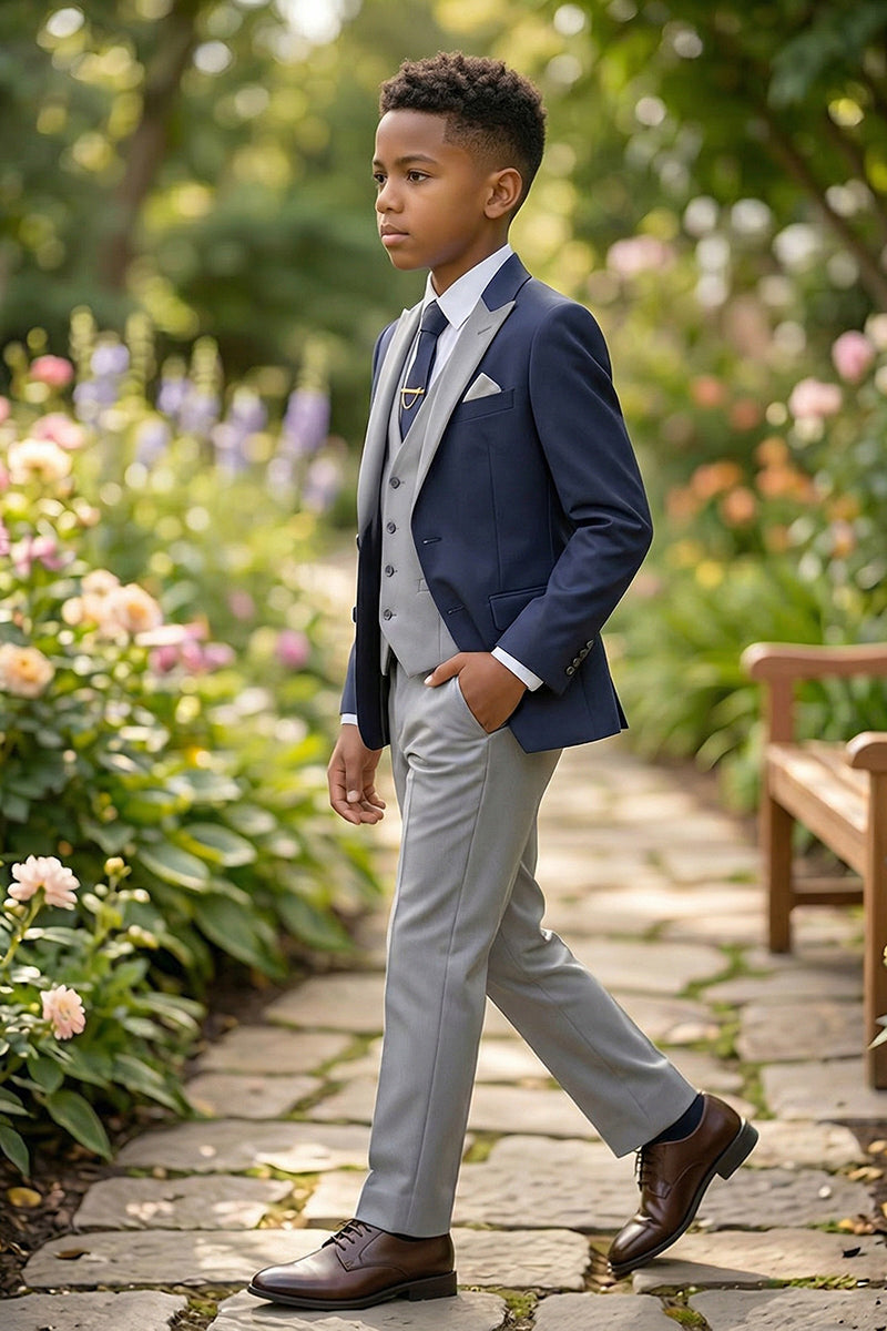 Boys Navy Blue & Grey 3-Piece Suit for Garden Weddings