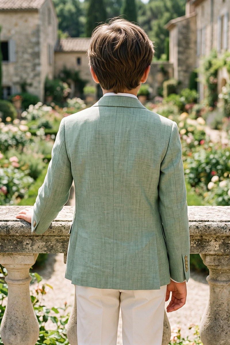 Boys Sage Green Linen Blazer & Cream Trousers 2-piece Suit