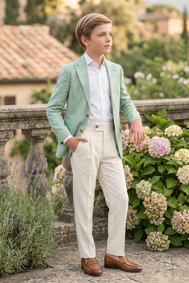 Boys Sage Green Linen Blazer & Cream Trousers 2-piece Suit