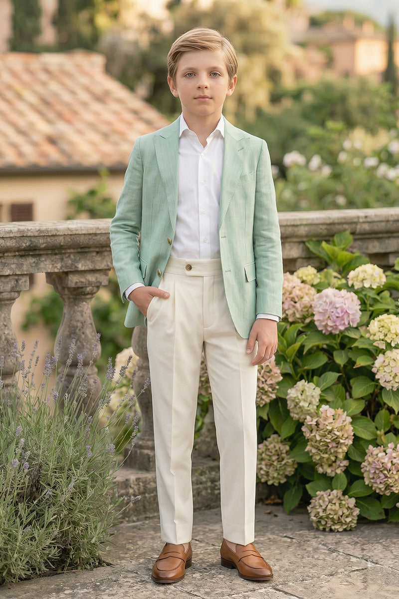 Boys Sage Green Linen Blazer & Cream Trousers 2-piece Suit