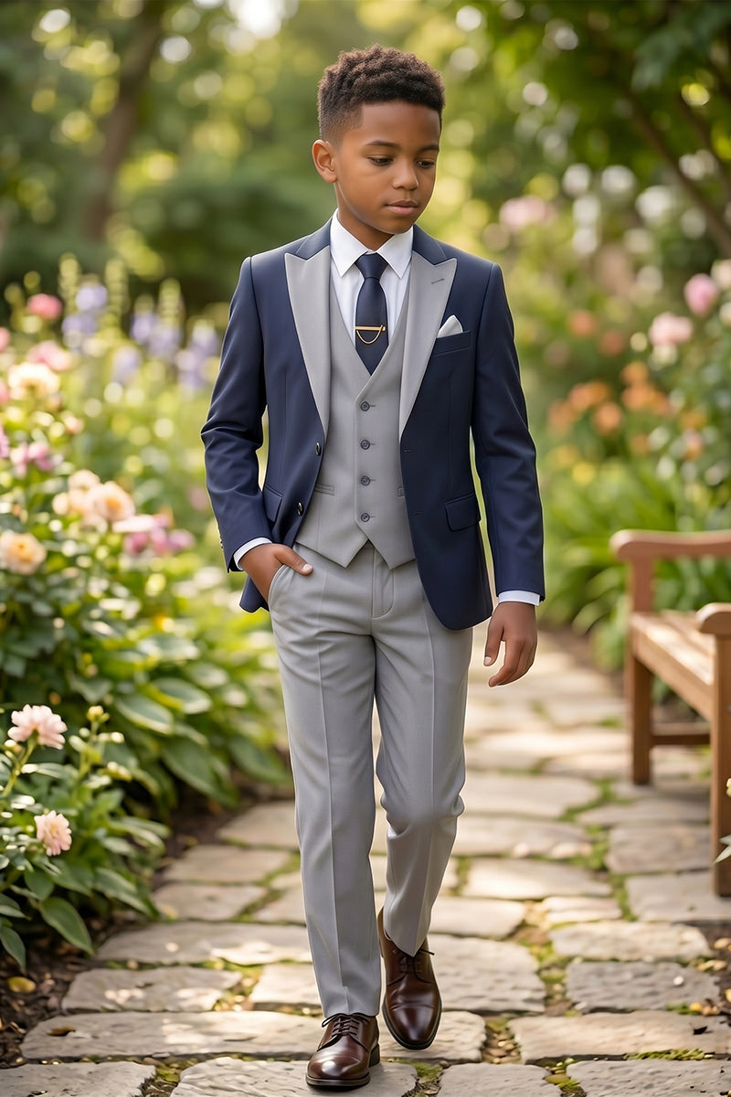 Boys Navy Blue & Grey 3-Piece Suit for Garden Weddings