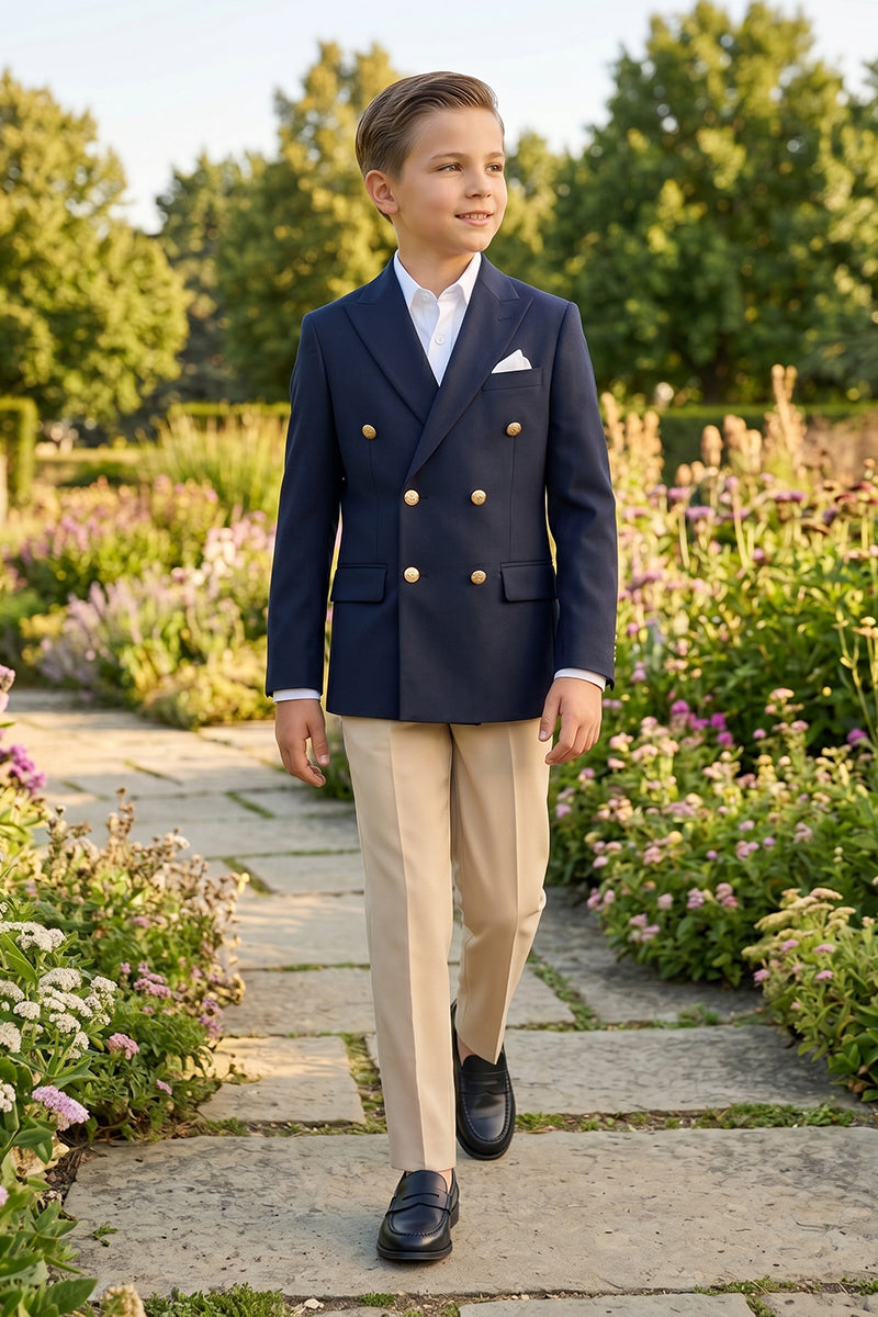 Boys Navy Blue Double-Breasted Blazer 2-piece Suit for Garden Weddings