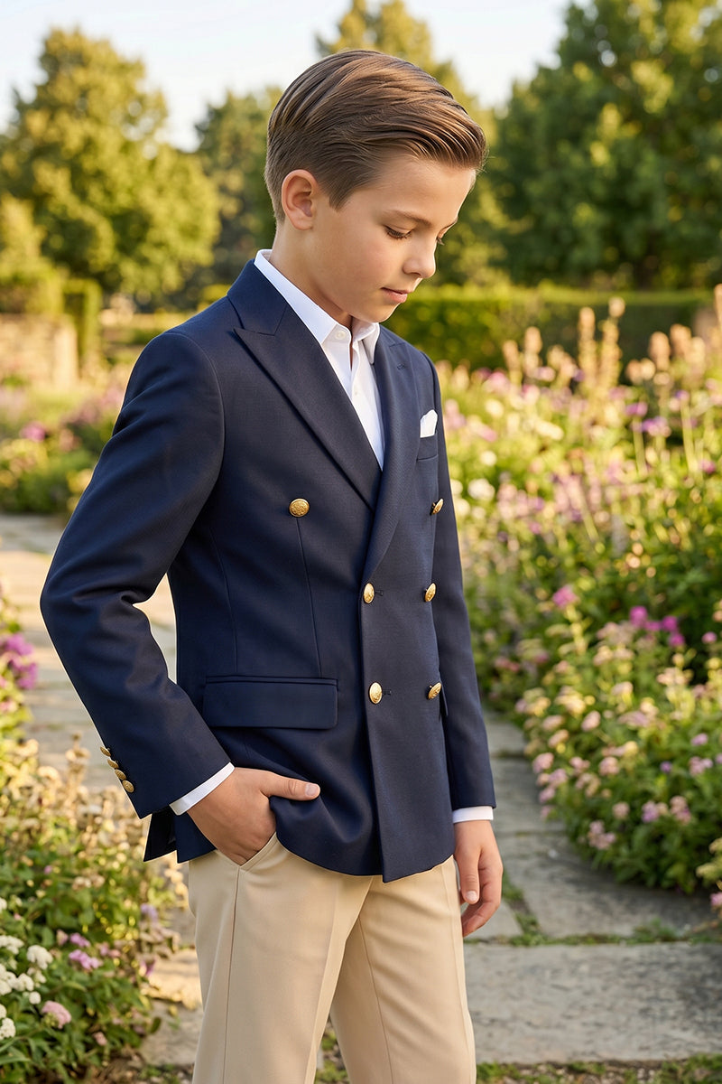 Boys Navy Blue Double-Breasted Blazer 2-piece Suit for Garden Weddings