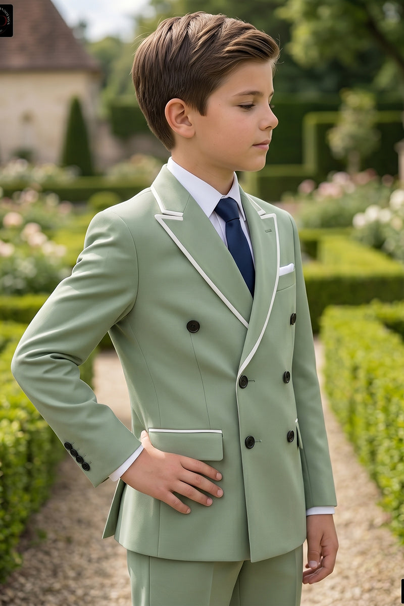 Boys Sage Green Double-Breasted with White Piping 2-piece Suit