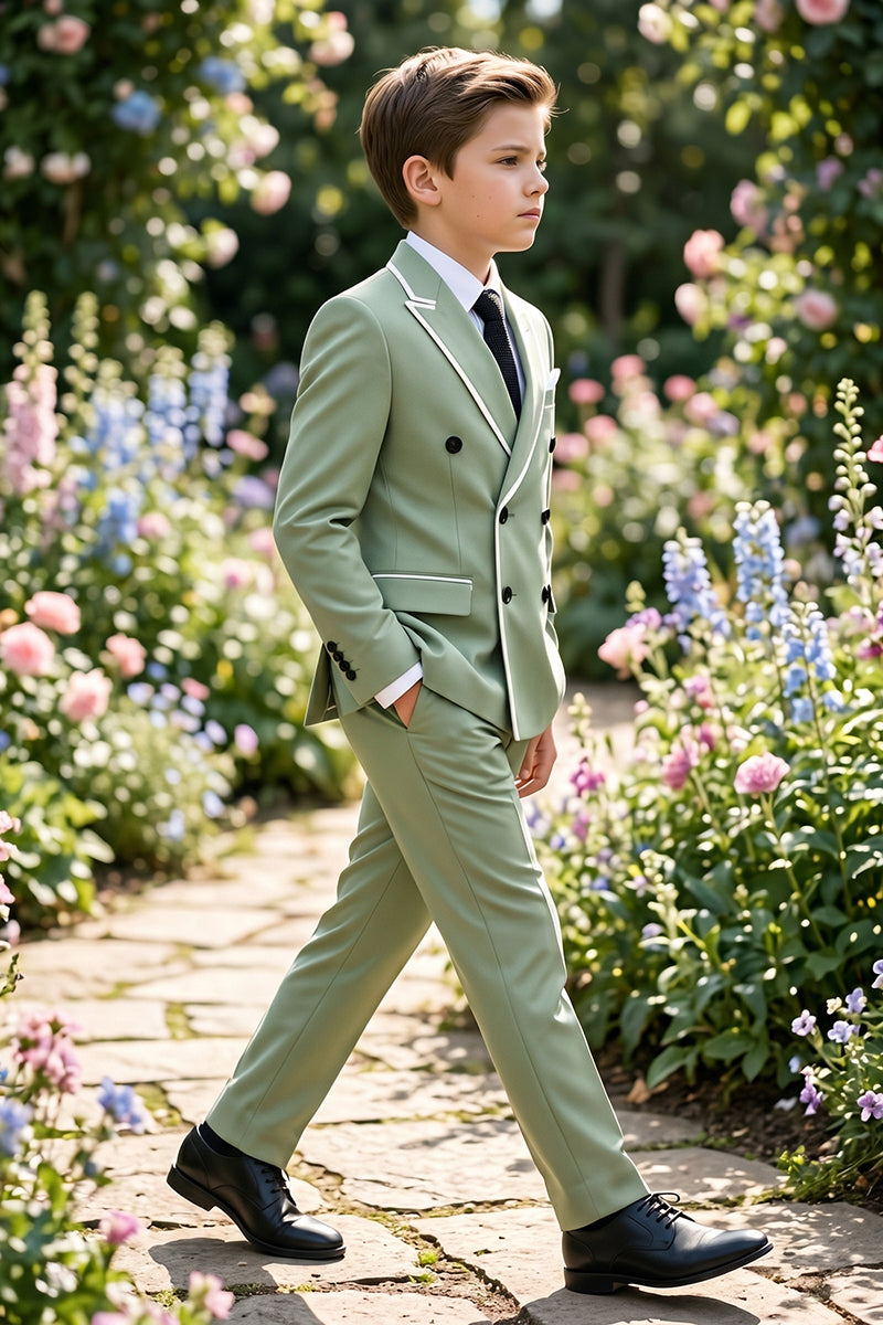 Boys Sage Green Double-Breasted with White Piping 2-piece Suit