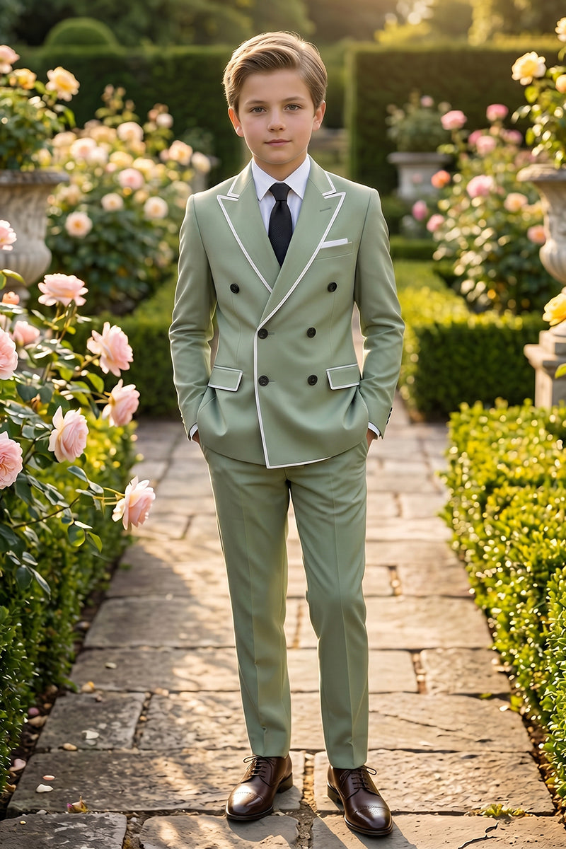 Boys Sage Green Double-Breasted with White Piping 2-piece Suit