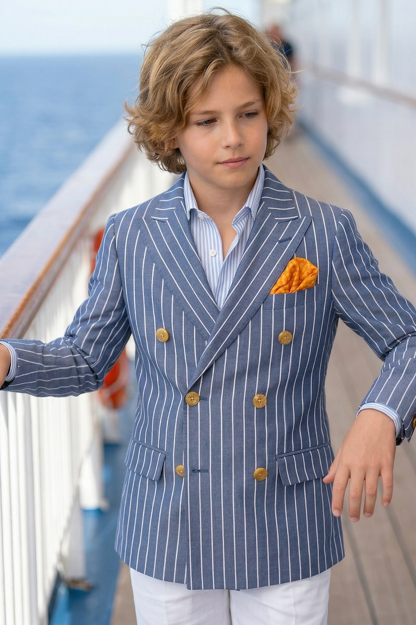 Gray-Blue Striped Double-Breasted 2-Piece Suit