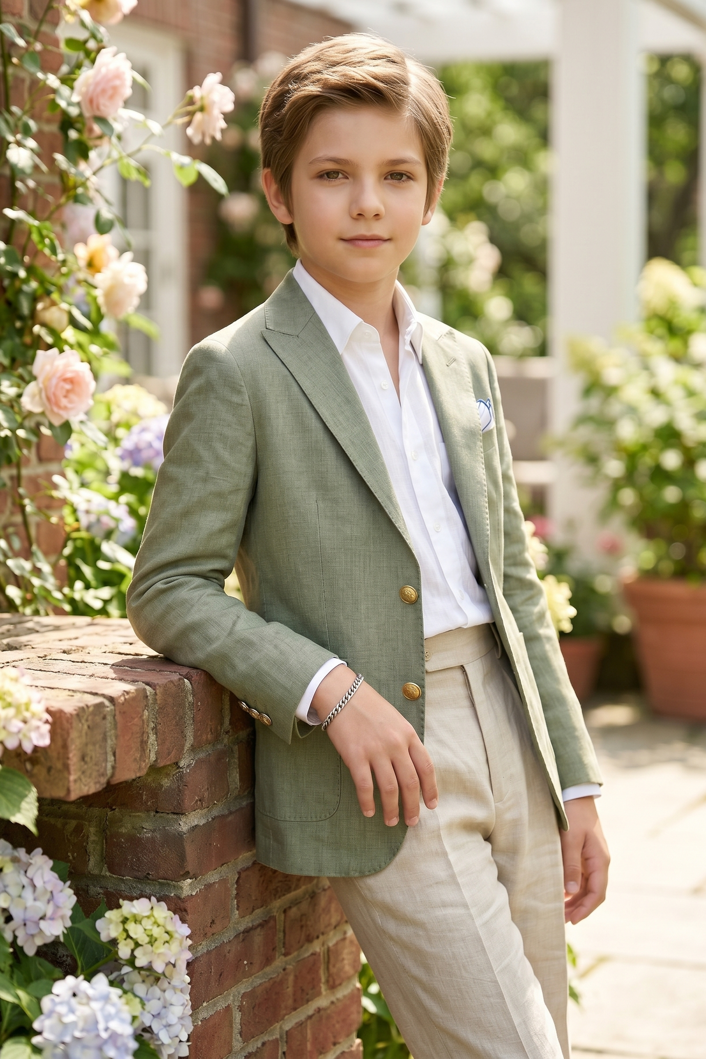 Green Cotton And Linen Single-Breasted 2-Piece Suit