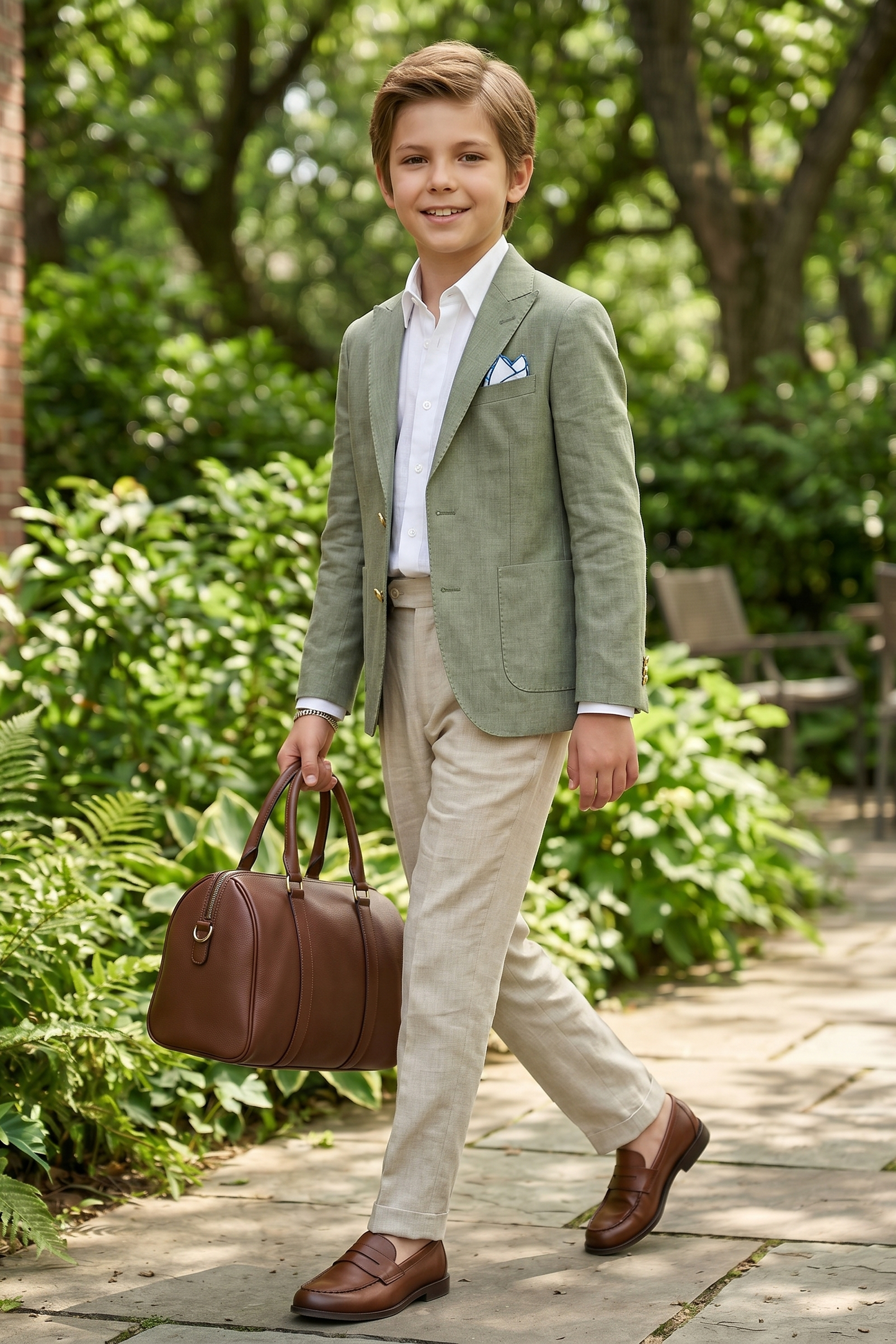 Green Cotton And Linen Single-Breasted 2-Piece Suit